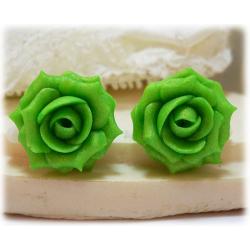 Apple Green Rose Stud Earrings & Clip On Earrings