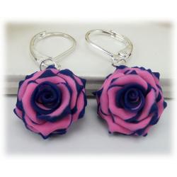 Blue Pink Rose Drop Earrings