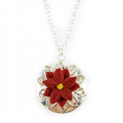 Red Poinsettia Silver Tone Locket Necklace